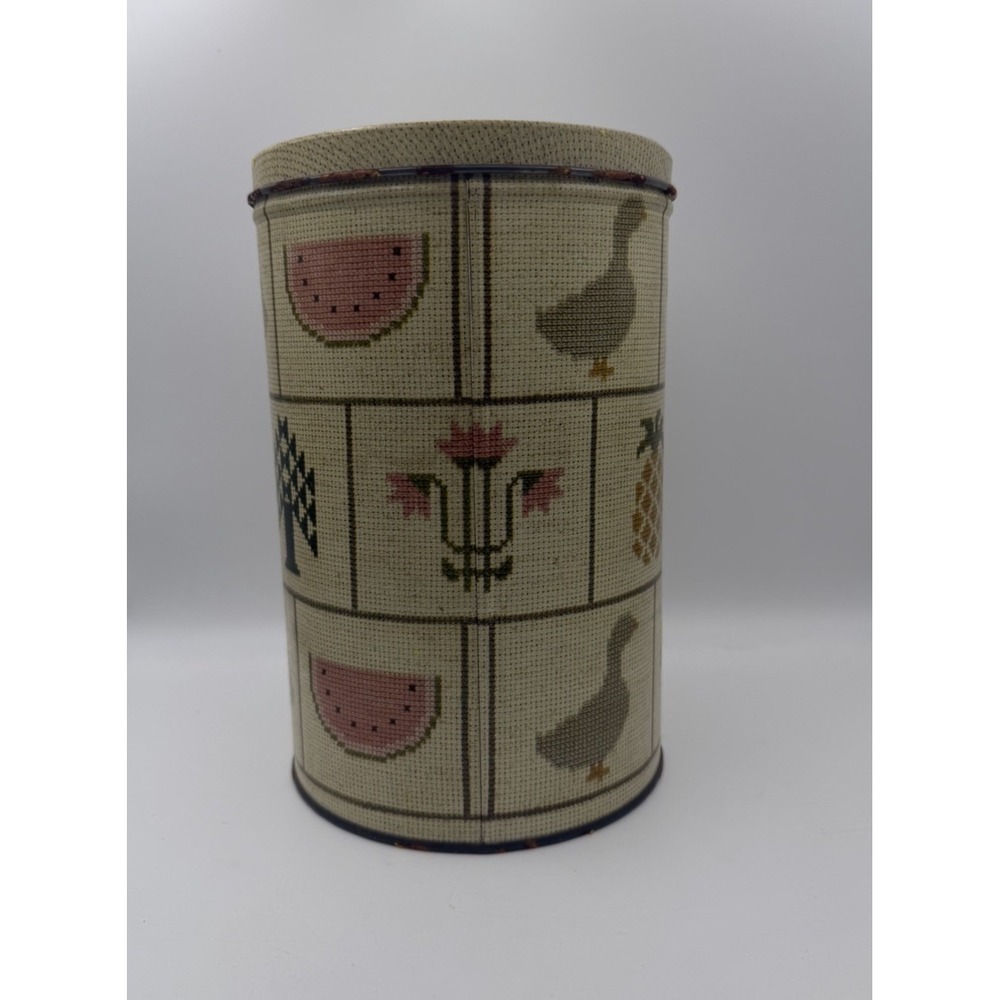 Vintage Stitchery Sampler Tin Cookie Canister Farmhouse Goose Cow Primitive